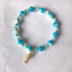 Blue Beaded Bracelet with Fish Charm